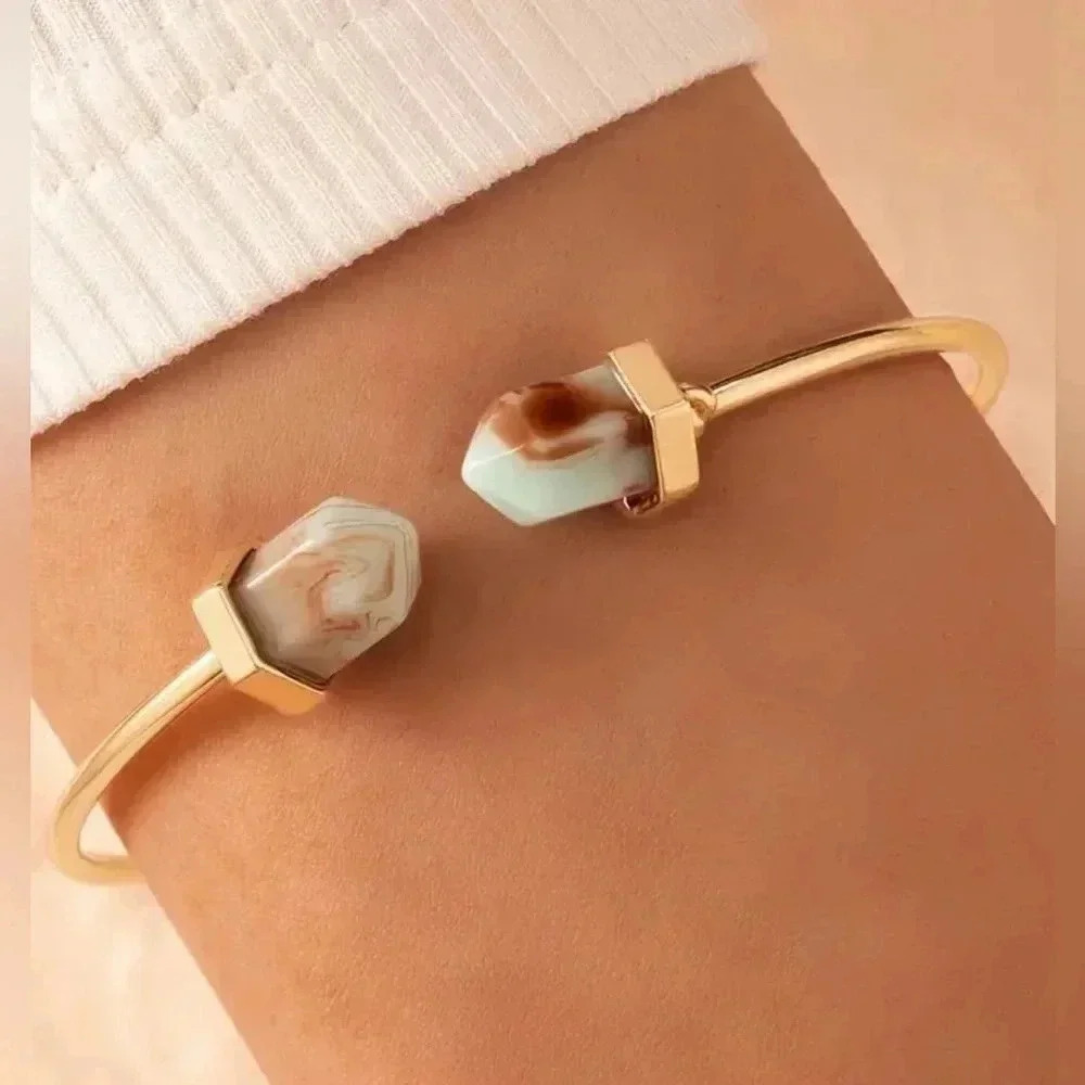 Minimalist hexagonal open bangle bracelet